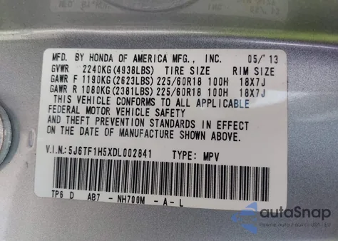 2013 Honda Crosstour Ex-L V6 from USA, damaged, VIN 5J6TF1H5XDL002841
